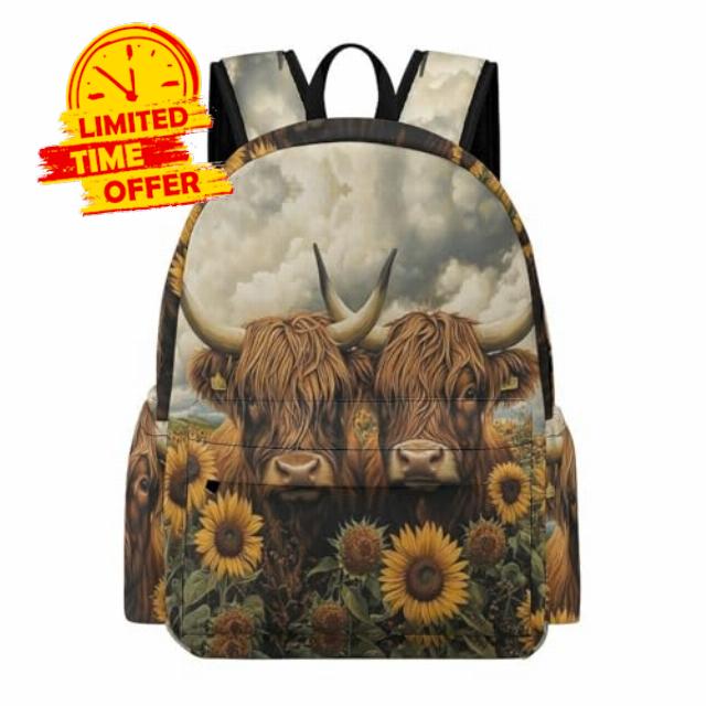 Students Highland Cow Daypack Boys Girls Secondary School Age 11-16 Stylish Durable Cattle Motif Bookbag for Outdoor Use Outdoor Gift