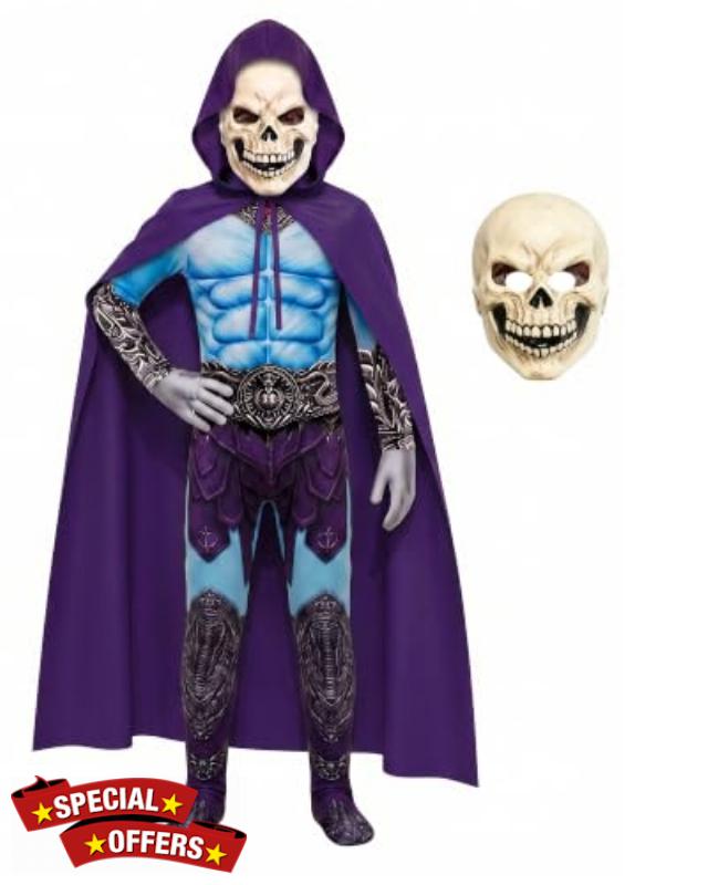 Boys Skeleton Costume Halloween Jumpsuit with Cape and Mask for 5-12 Years                                                          Supervillain Costume for Boys Halloween Dress Up Outfit Set Party Cosplay Scary Bodysuit with Skeleton Mask for Kids