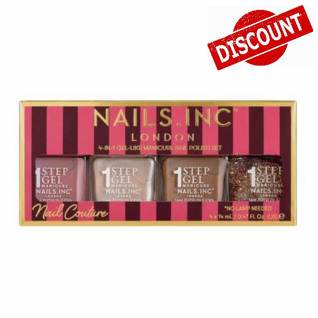 Nails.INC It's Topless Nail Couture 4-in-1 Gel-Like Nail Polish Set                                                          Built-in glass particles deliver a high-shine finish. The patented wide brush fits cuticles for non-drip