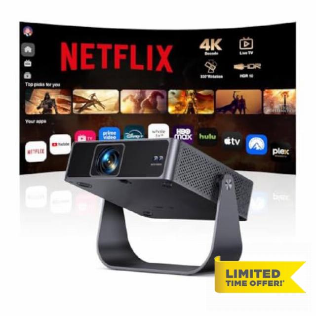 Smart Projector [Compatible with Netflix/Disney/Live TV & 330° Rotatable] Mini Portable Projector 4K Auto Focus& 6D Keystone