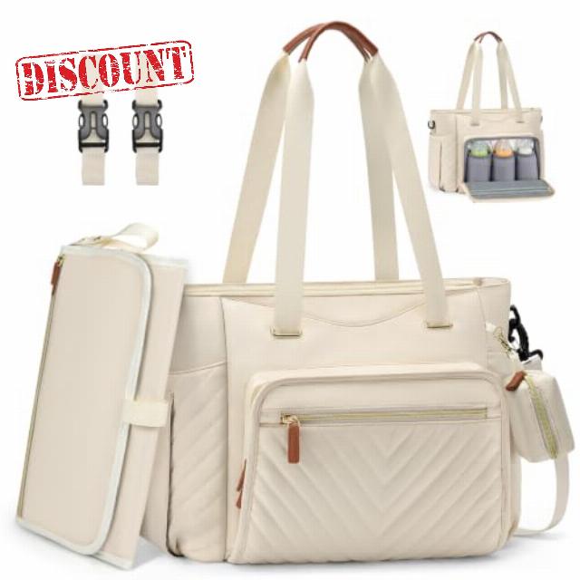 RAINSMORE Baby Changing Bags Large Nappy Tote Bag with Changing Mat                                                          Convertible Baby Bag Waterproof Diaper Bag with Pacifier Holder Stroller Straps for Mom & Dad