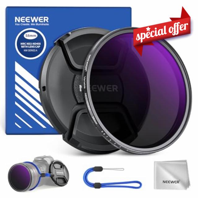 NEEWER 58mm ND2-400 (1-9 Stops) Variable ND Filter with Lens Cap                                                          Lanyard