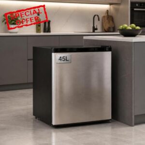 47L Small Fridge with Freezer Stainless Steel Mini Fridge                                                          43x45x50cm | Adjustable 5-Stage Thermostat | Reversible Door | 41DB Quiet Refrigerato