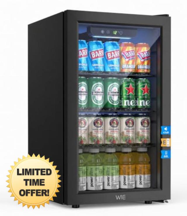 WIE 68L Drinks Fridge with Glass Door 3-16°C for 90 Cans or 24 Wine Bottles