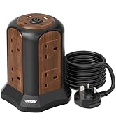 TOPREK Wooden Grain Tower Extension Lead with USB Slots(1800 J Surge) | 8AC+2USB-C+2USB-A, 13A, 3...