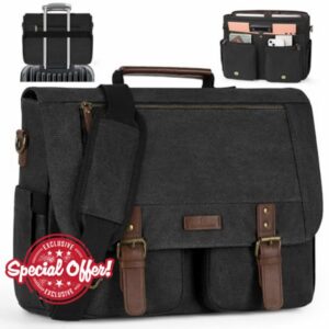 RAINSMORE Laptop Messenger Bags for Men 17.3 Inch Canvas Satchel Briefcase                                                          Vintage Computer Laptop Bag Canvas Crossbody Shoulder Bag with Padded Compartment for Work School Office Travel Daily Use