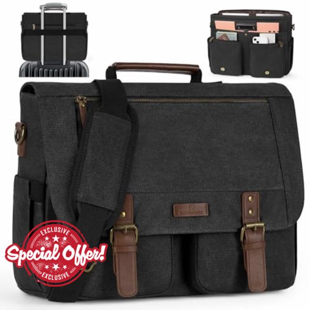 RAINSMORE Laptop Messenger Bags for Men 17.3 Inch Canvas Satchel Briefcase                                                          Vintage Computer Laptop Bag Canvas Crossbody Shoulder Bag with Padded Compartment for Work School Office Travel Daily Use