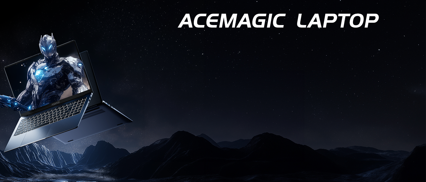 Text reads 'ACEMAGIC LAPTOP'. Image shows blue-tinted laptop computer device against dark background.