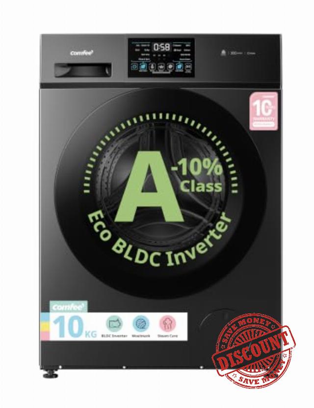 COMFEE' 10kg Washing Machine A-10% Energy Class 1400rpm BLDC Motor Black           [Energy Class A]                                                  Steam Care