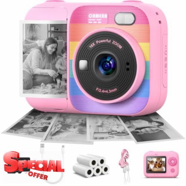 Kids Camera Instant Print with 5 Rolls Print Paper (Candy Pink)                                                          Instant Camera for Kids with TF Card