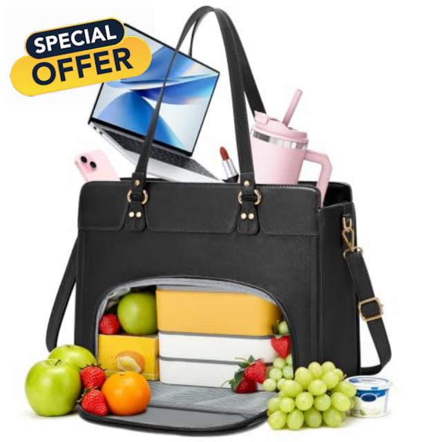 RAINSMORE Teacher Work Bag 15.6 Inch Laptop Bag with Lunch Compartment                                                          Tote Bags for Women with Large Capacity & Cup Holder