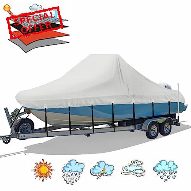 Solim Boat Cover for Center Console 20-22.4 Inch Waterproof 1300D PU Heavy Duty Boat Cover for Center Console Boat Trailer UV Resistant Oxford Polyester Canvas with 18