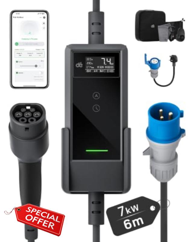 dé EV Charger 7kw type 2 6m with App & 32A to 13A Adapter                                                          IP66
