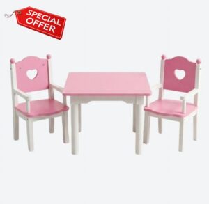 Wooden Doll Table & Chairs Set – Baby Doll Accessories for Pretend Play                                                          Pink Wooden Role Play Toy Furniture for Dolls
