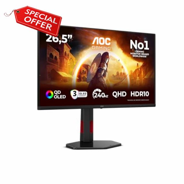 AOC 27 Inch Gaming Monitor Quad HD QD-OLED 240Hz 0.3ms HDMI DP Black Q27G4ZDR