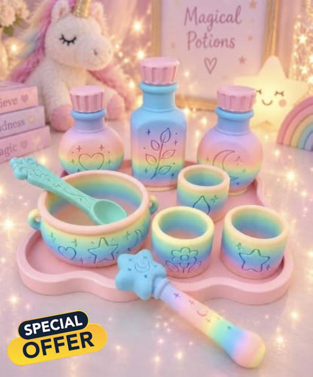 Magic Potion Sensory Play Set rainbow 3D Printed Making Kit bottles craft                                                          with FREE Wand Bottles Bowl Spoon Cups Pretend Potion Toy for Kids Home Interactive Activity Creative Birthday Unicorn Gif