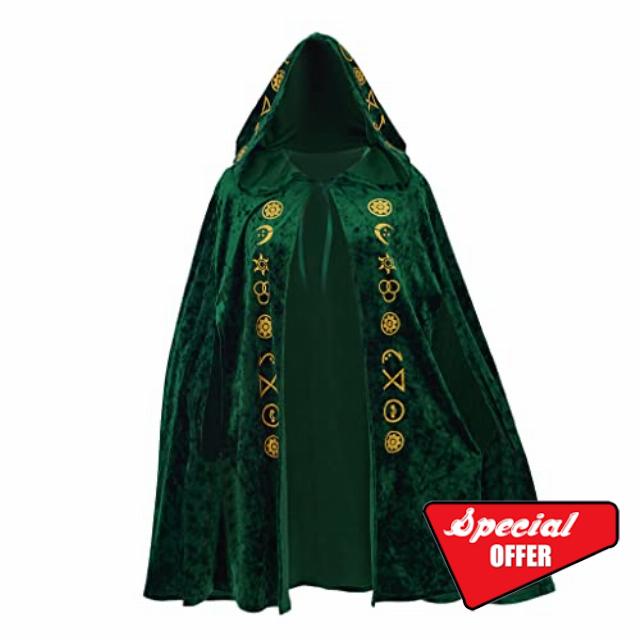 VintageCos Women's Witch Hooded Cape Green Velvet Embroidered Cloak Winifred Sarah Costume for Hallowee