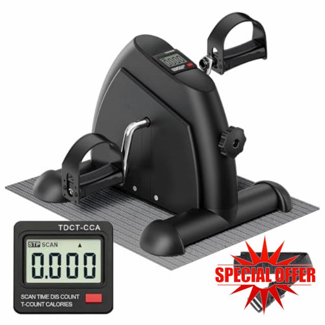 Mini Exercise Bike with Mat                                                          Portable Under Desk Pedal Exerciser for Leg and Arm Workout