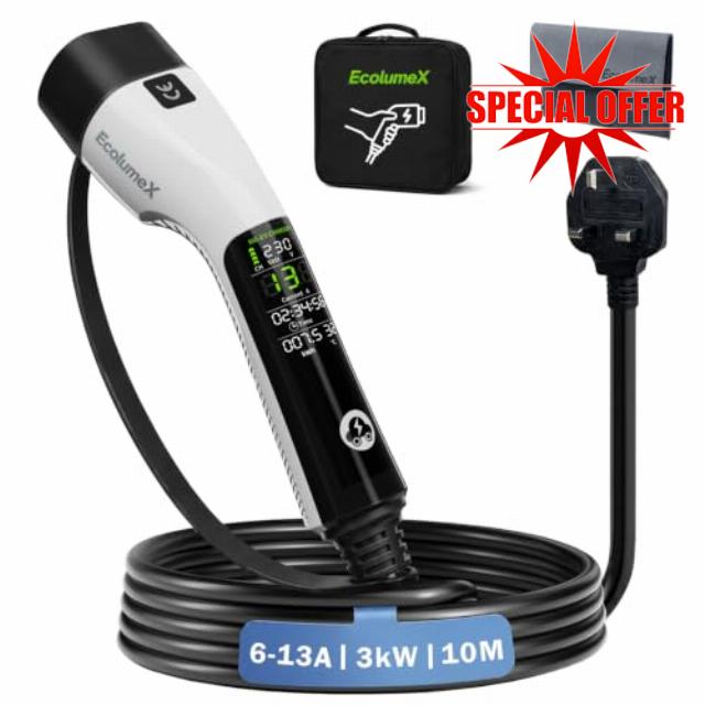 Portable EV Charger Type 2 to 3 Pin Plug UK 6A-13A 3kW 10M/32.8ft                                                          Granny Charger