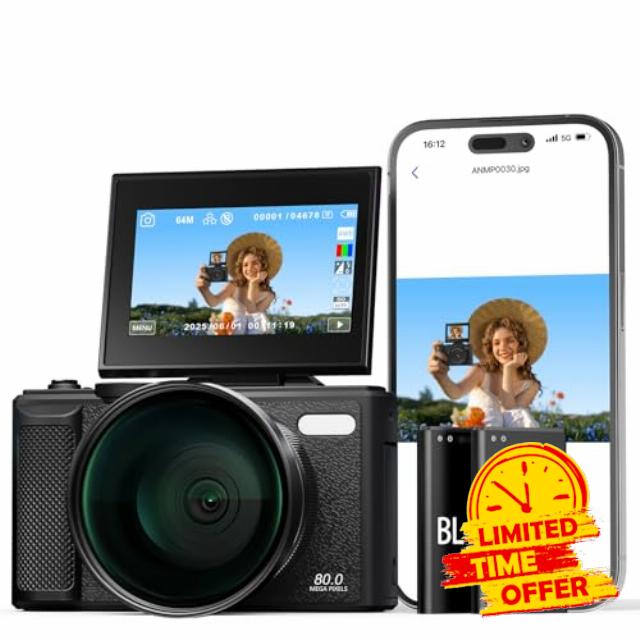 5K 80MP Wi-Fi Digital Camera for Photography with 3" Flip Screen Autofoucs                                                          Travel Point and Shoot Vlogging Camera for YouTube Beginner Teens with Wide Angle & Macro Lens 18X Zoom 64G Card 2 Batteries