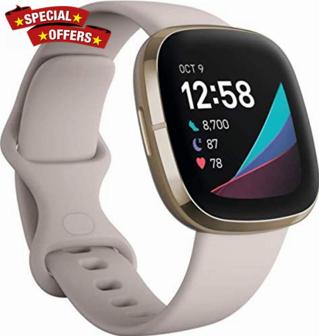 Fitbit Sense Smarwatch Lunar White/Soft Gold Stainless Steel (Renewed)