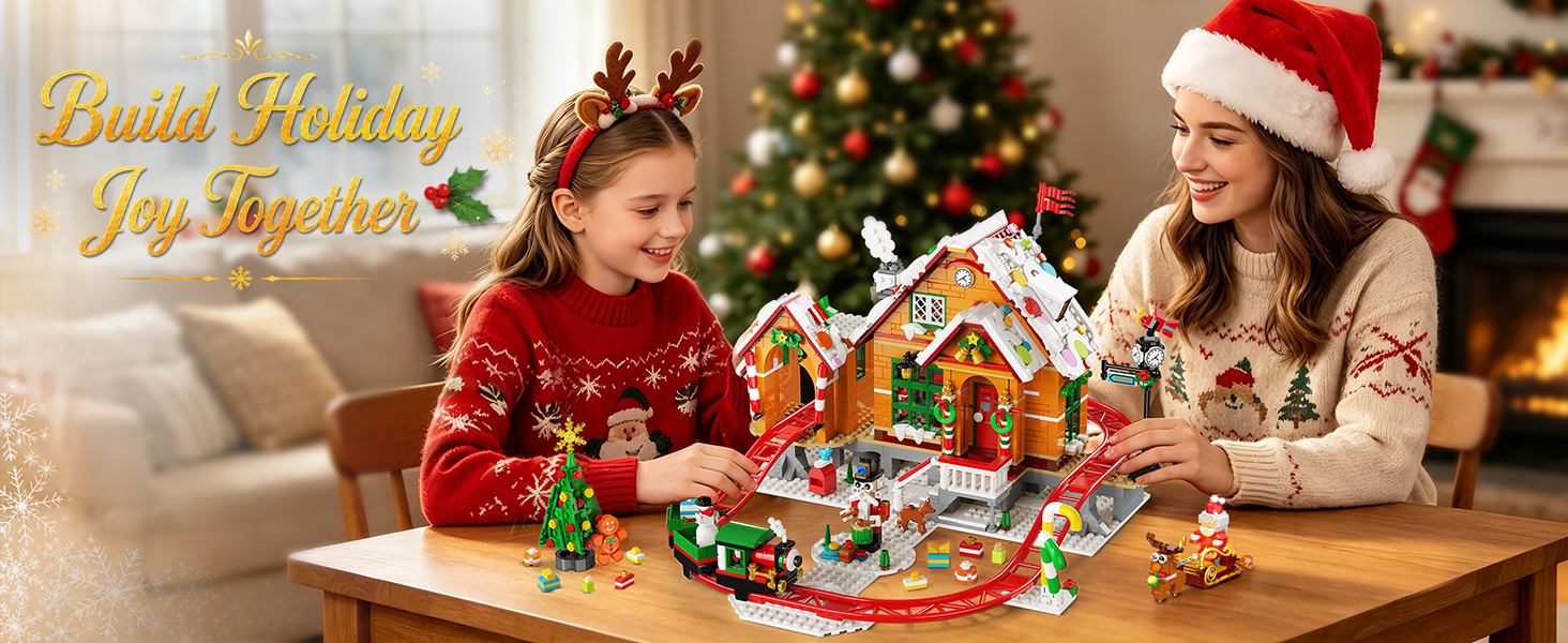 Text reads "Bring Home Christmas Magic." Decorative gingerbread house with multicolored lights, miniature Christmas tree, ornaments, candy canes, and holiday figurines arranged on display base.