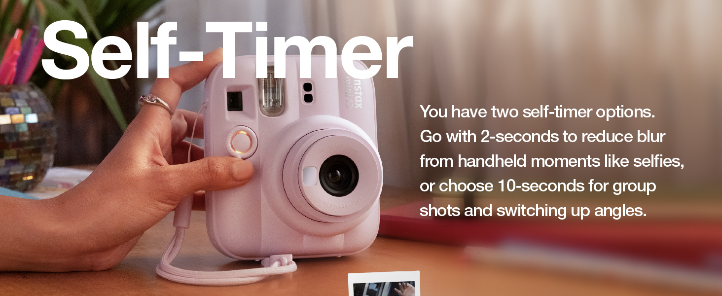 Text reads 'Self-Timer. You have two self-timer options. Go with 2-seconds to reduce blur from button-press like jitters. Or go with 10-seconds for group photos.' Image shows smart device with timer display.