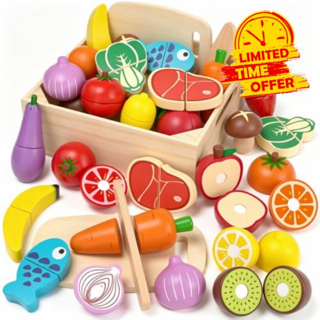 Wooden Play Food Toys for Kids - Cutting Pretend Play Kitchen Accessories                                                          Wooden Toys for Boys Girls Ages 3-5