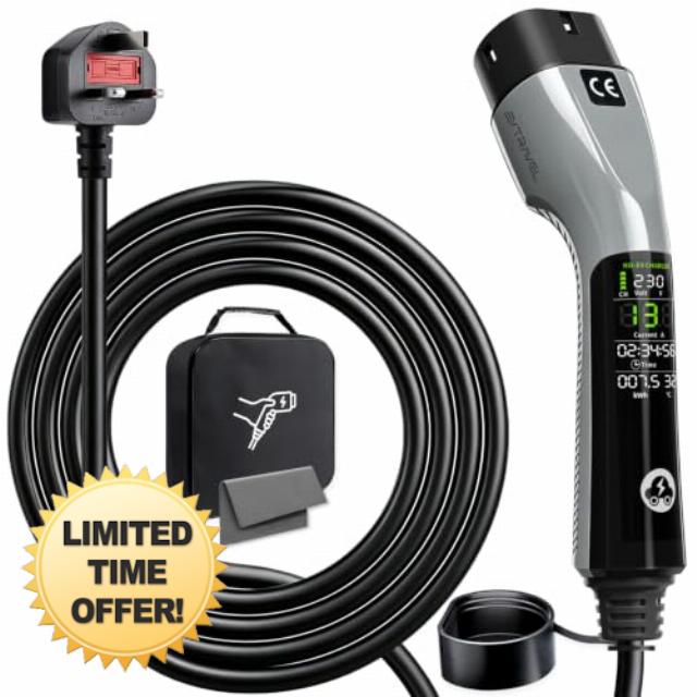 EV Car Charger Type 2 to 3 Pin Plug UK 32.8Ft/10M Car Charger 3kW 6-13A                                                          Adjustable