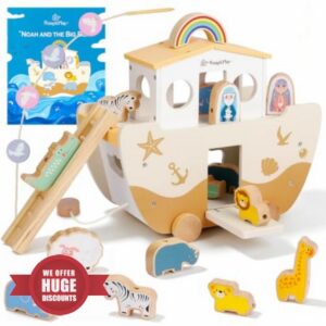 SIMPLIPLAY Wooden Noah's Ark Toy with Animal Shape Sorter & Story Book                                                          Baby Baptism Gift