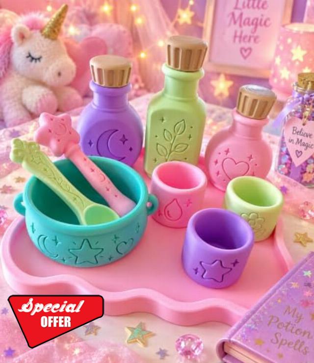 Magic Potion Sensory Play Set 3D Printed Making Kit fairy bottles craft                                                          with FREE Wand Bottles Bowl Spoon Cups Pretend Potion Home Interactive Activity Creative Birthday Unicorn Gif