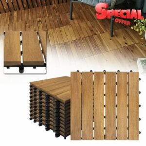 11PCS Wood Interlocking Deck Tiles with Click System 30x30cm Style A                                                          Acacia Wooden Decking Tiles Click Flooring Tile Drainage Base for Patios