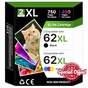 62 Ink Cartridges Replacement for HP 62 XL Ink Cartridges Black and Colour HP 62 XL for Envy 5640 7640 5644 5640 5540 5541 5544 Officejet 200 250 5740 5741 Printer Ink（2-Pack）