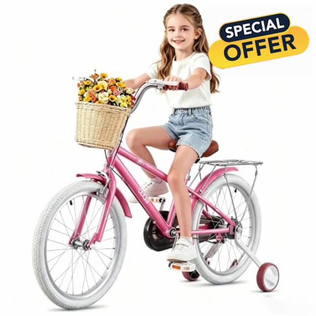 Girls Bike with Stabilisers/Kickstand                                                          Pink Kids Road Bike Basket Rear Rack 12 14 16 18 20 22Inch Wheels Children Bicycle Bike 5-13 Year Kid