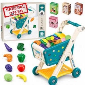 Kids Shopping Trolley Toy - 18 PCs Realistic Supermarket Play Set with Push Along Cart