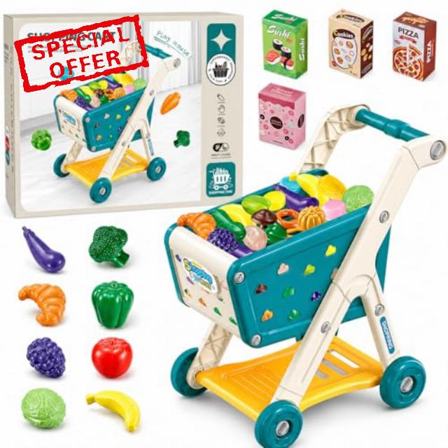 Kids Shopping Trolley Toy - 18 PCs Realistic Supermarket Play Set with Push Along Cart