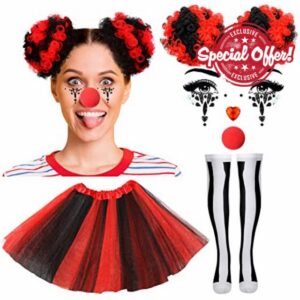 Hicarer 6 Pcs Scary Clown Costume for Women Clown Wig Tutu Skirt Striped Socks Face Gems Red Nose for Halloween Accessories