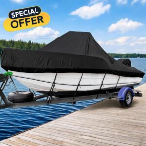 Heavy Duty Boat Cover Center Console Boats Waterproof UV Resistant Oxford                                                          Trailerable V-Shaped Bow Marine Grade Outdoor Storage Cover with 11 Windproof Straps and Storage Bag for Towing Fishing Boats