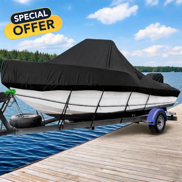 Heavy Duty Boat Cover Center Console Boats Waterproof UV Resistant Oxford                                                          Trailerable V-Shaped Bow Marine Grade Outdoor Storage Cover with 11 Windproof Straps and Storage Bag for Towing Fishing Boats