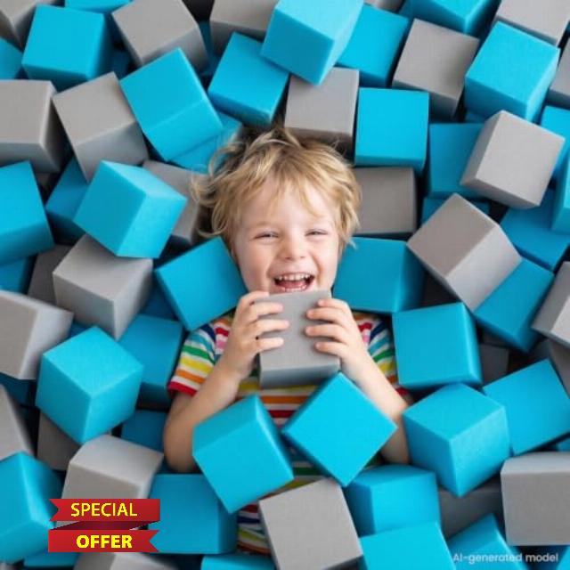 100 Pack Foam Pit Cubes – 3.15" Foam Blocks Soft Play Blocks - Blue&Gray                                                          High Density Flame Retardant Cubes for Trampoline