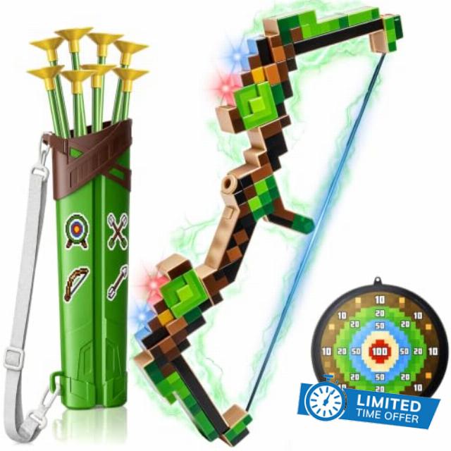 Bow and Arrow Set Kids Toy with LED Lights & Target(GREEN)                                                          Pixel Theme indoor outdoor game