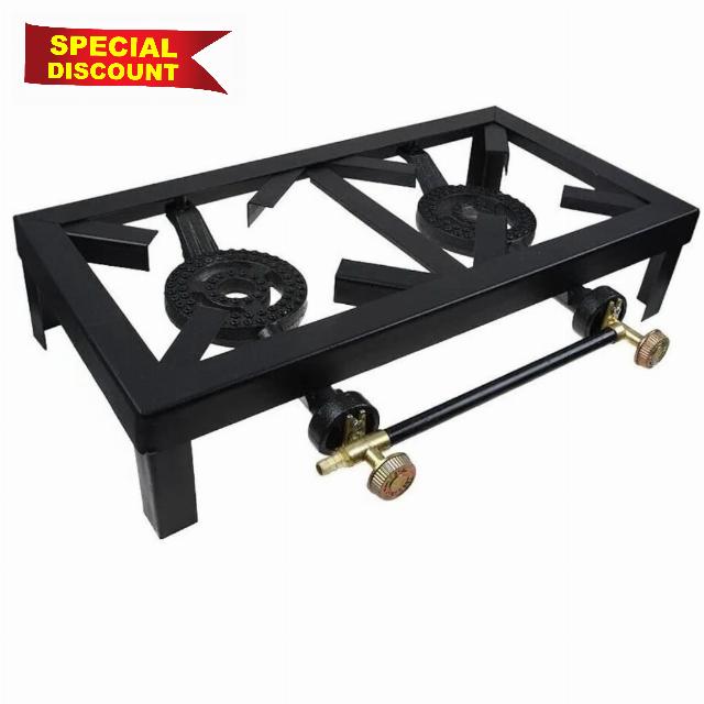 RDK Commercial LPG Gas Twin Burner Cooker Boiling Ring Stove Outdoor                                                          Propane & Butane Compatible | Heavy Duty Cast Iron | Measures 48 x 25 x 11cm | Suits Camping & Garden Use