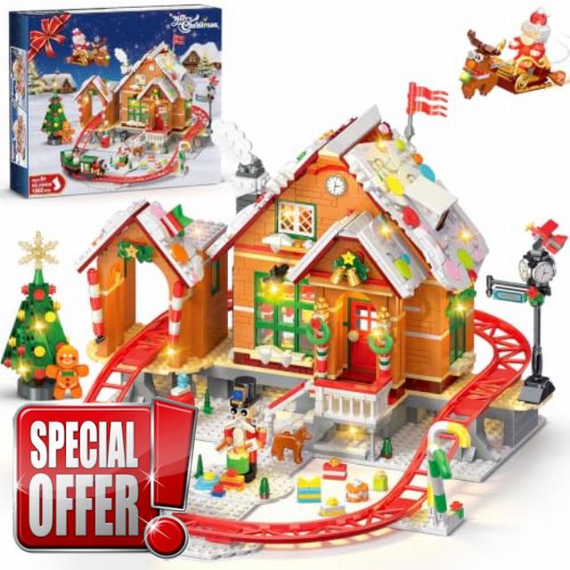 2026 Christmas Gingerbread House Roller Coaster Building Set with Light                                                          Christmas Train & Tree Building Toy