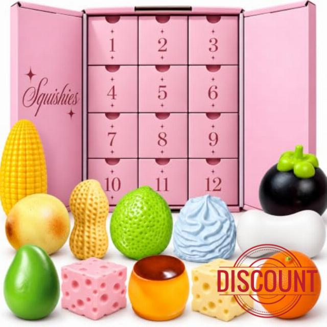 12 PCS Crunchy Squishy Fun Box Advent Calendar 2026                                                          ASMR Filled Slow Rising Realistic Cute Mango Peanuts Cheese Pudding Crunchy Squishy