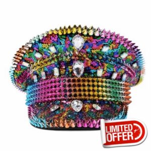 Sparkly Rainbow Sequin Captain Hat with Spikes and Rhinestones                                                          Rainbow Sequins