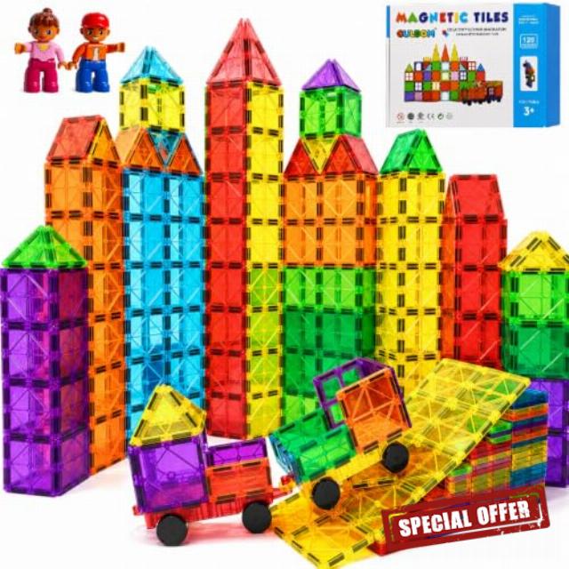 120PCS Magnetic Tiles Building Blocks for Kids with 2 Cars
