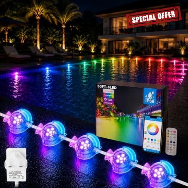 15m 8 Lampes Swimming Pool Lights Underwater with APP & Remote           [Energy Class E]                                                  IP68 RGB Pond Lights Mains Powered