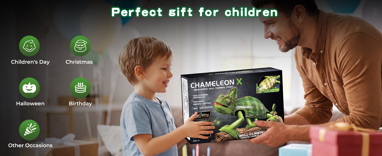 Text reads 'Perfect gift for children'. Adult and child hands examining educational product box together with four green circular icons showing learning features, indoor setting with gift boxes.