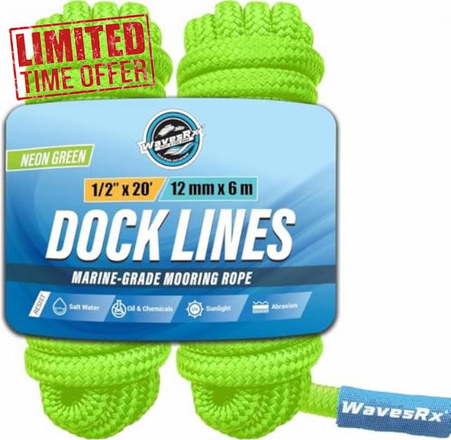 Premium Nylon Boat Dock Lines & Ropes for Docking & Pontoon | Double Braided Marine Rope | Boat Ropes for Docking with Loop | UV & Saltwater Resistant Dock Rope (Neon Green