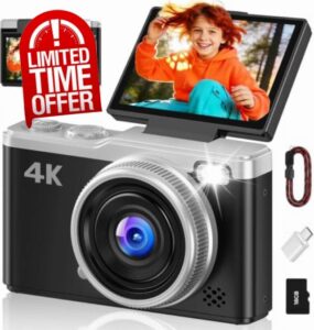Digital Camera 4K 64MP Compact Vlogging Camera with 2.4" Flip Screen                                                          Maxmango Portable Photo Camera with 16X Zoom